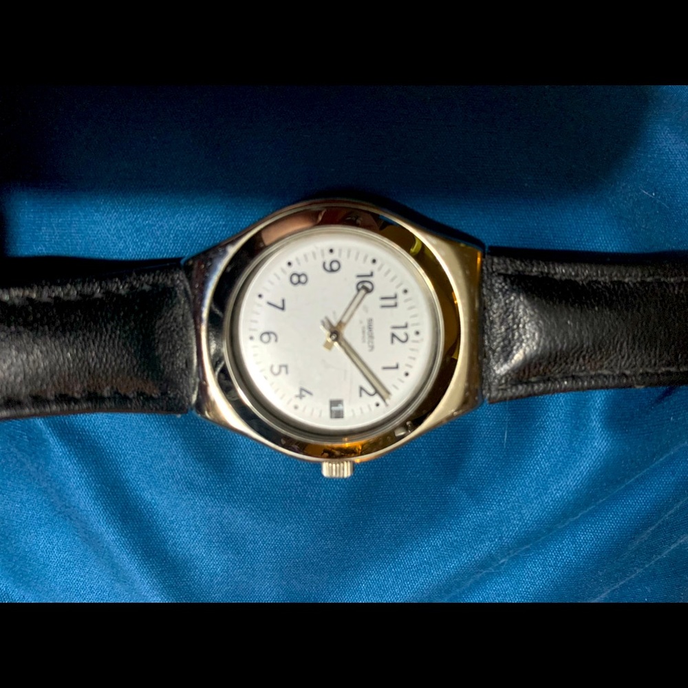 Authentic Swatch Watch, Black Leather wristband